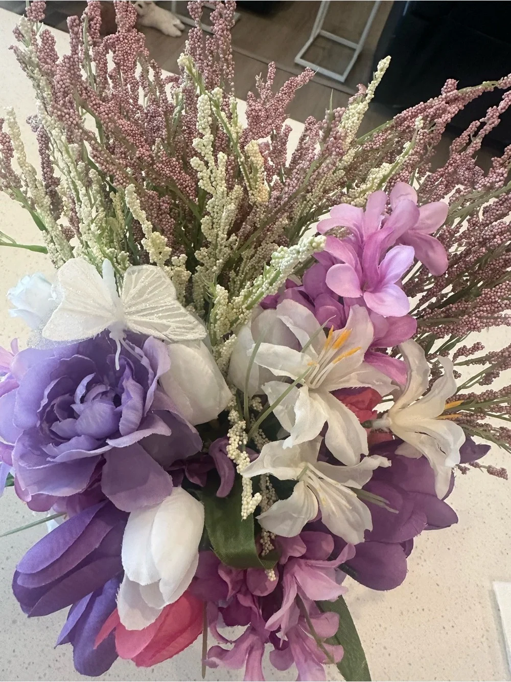 Purple & Pink Artificial Floral Arrangement in White Vase